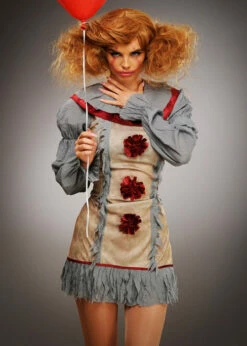 Ladies New Pennywise Grey It Clown Style Costume