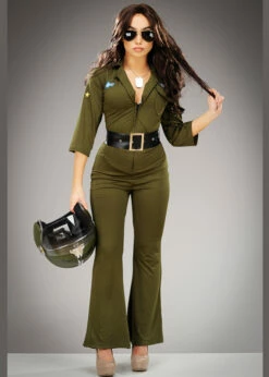 Womens Top Gun Green Jumpsuit Costume -PartyPersona Store womens long green top gun catsuit costume 02