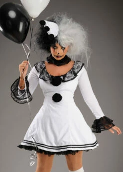 Womens Gothic Black And White Clown Costume -PartyPersona Store womens pierrot clown halloween costume 86658 01