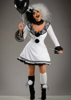 Womens Gothic Black And White Clown Costume -PartyPersona Store womens pierrot clown halloween costume 86658 02