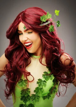 Womens Deluxe Poison Ivy Style Red Cherry Wig -PartyPersona Store womens poison ivy wig with hair clip ST7056 02