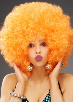 Extra Curly Orange Large 70s Disco Afro Wig -PartyPersona Store xl 1970s orange afro wig 01